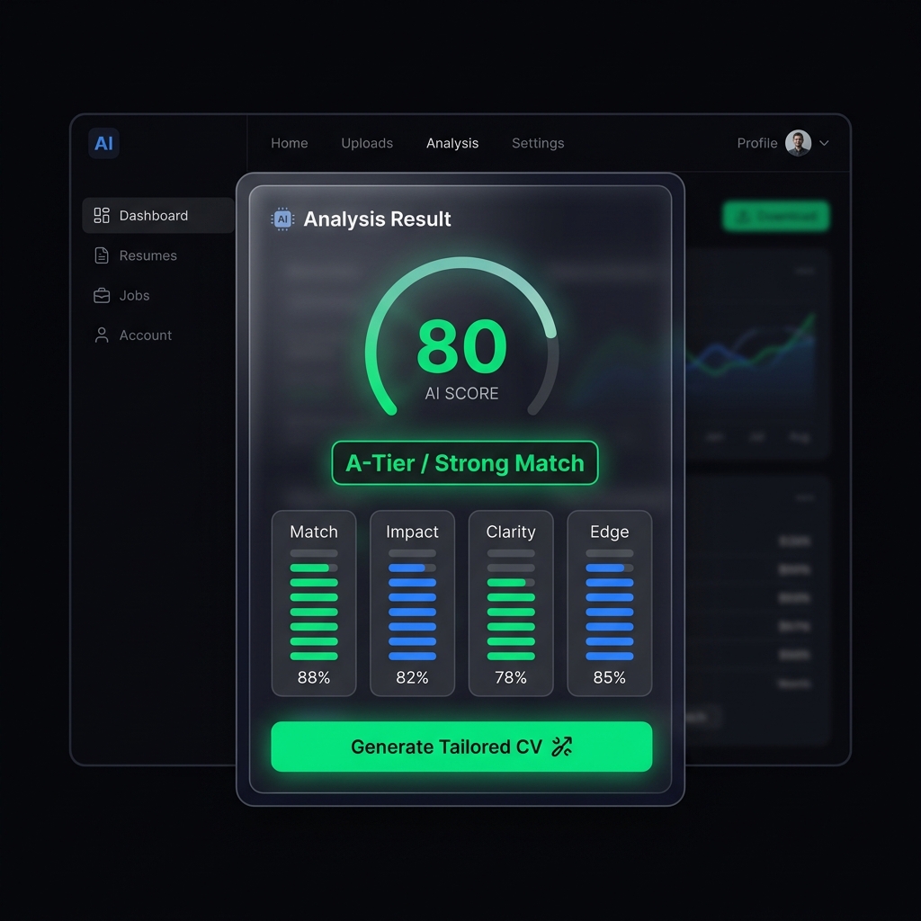 AI CV match score dashboard showing 4-dimension analysis: Match 84, Impact 77, Clarity 88, Edge 71